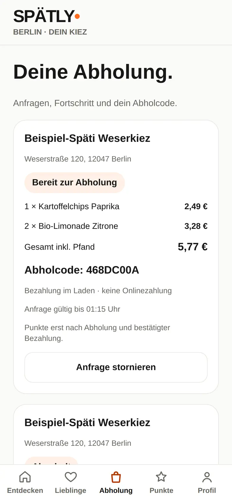 Abholung: bereitgestellte Bestellung mit Abholcode